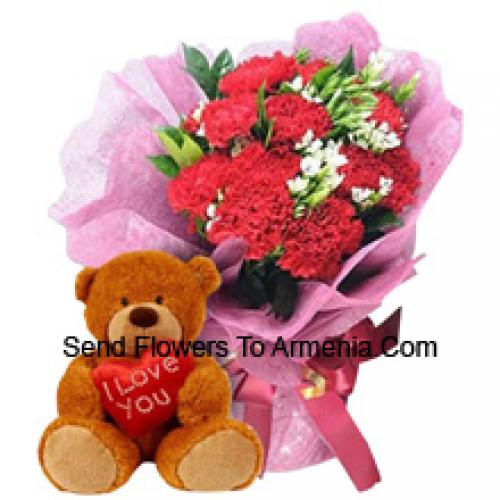 11 Carnations with Cute 12 Inch Teddy