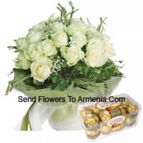 Bunch Of 19 White Roses With Seasonal Fillers Along With 16 Pcs Ferrero Rochers