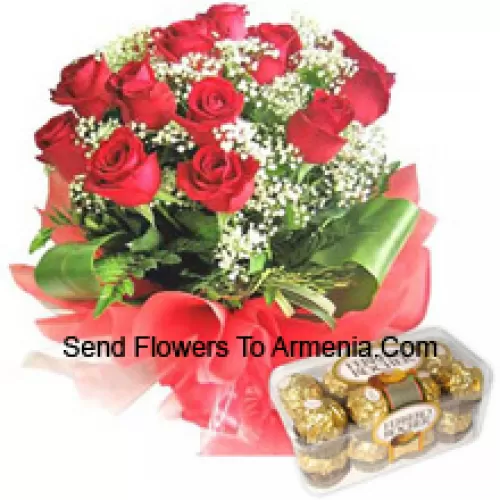 Bunch Of 11 Red Roses With Seasonal Fillers Along With 16 Pcs Ferrero Rochers