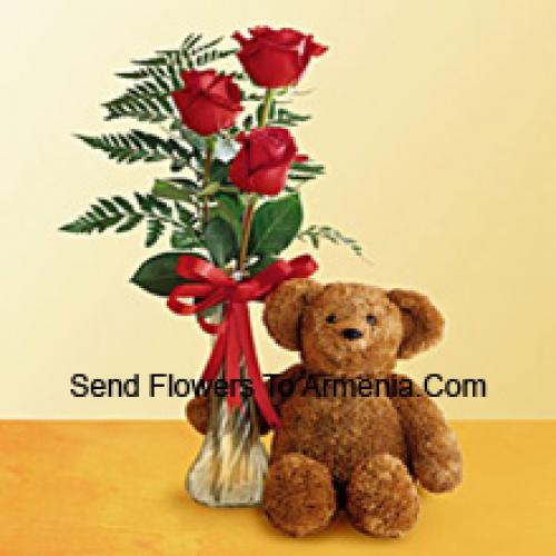 3 Red Roses with 12 Inch Teddy