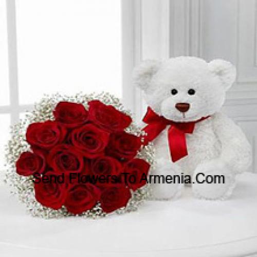 11 Red Roses with 14 Inch Cute Teddy