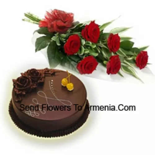 A Beautiful Hand Bunch Of 7 Red Roses Along With 1 Lb. (1/2 Kg) Chocolate Cake