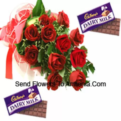 Bunch Of 11 Red Roses With Seasonal Fillers Along With Assorted Cadbury Chocolates