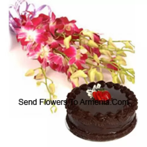 Bunch Of Pink Orchids With Seasonal Fillers Along With 1 Lb. (1/2 Kg) Chocolate Truffle Cake