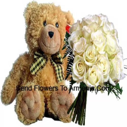 Bunch Of 19 White Roses With Seasonal Fillers Along With A Cute 14 Inches Tall Brown Teddy Bear