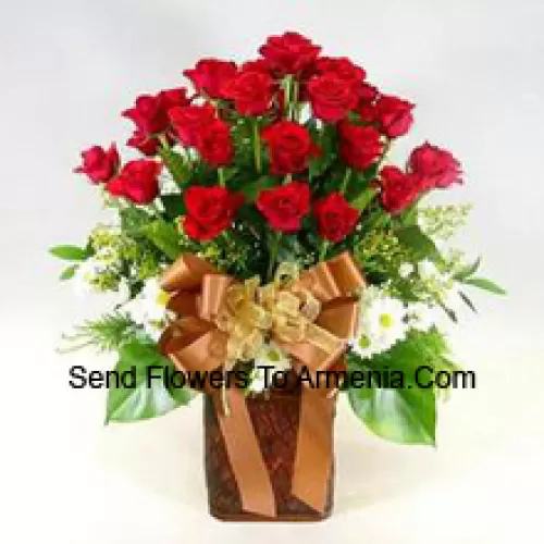 23 Red Roses And 14 White Gerberas With Seasonal Fillers In A Vase