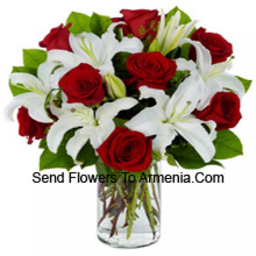 Cute Red Roses and White Lilies