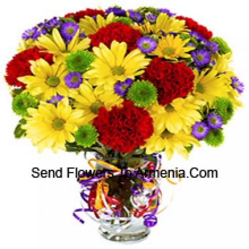 25 Red Carnations and Yellow Gerberas