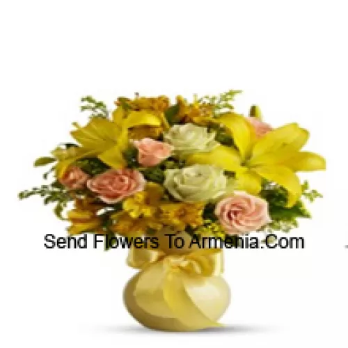 Orange Roses, White Roses, Yellow Gerberas And Yellow Lilies With Some Ferns In A Glass Vase