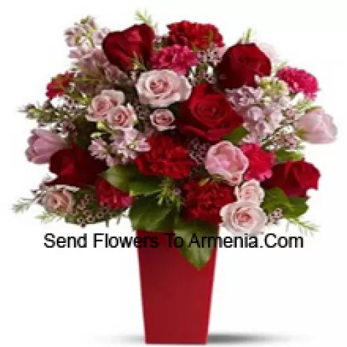 Red Roses, Red Carnations And Pink Roses With Seasonal Fillers In A Glass Vase -- 25 Stems And Fillers