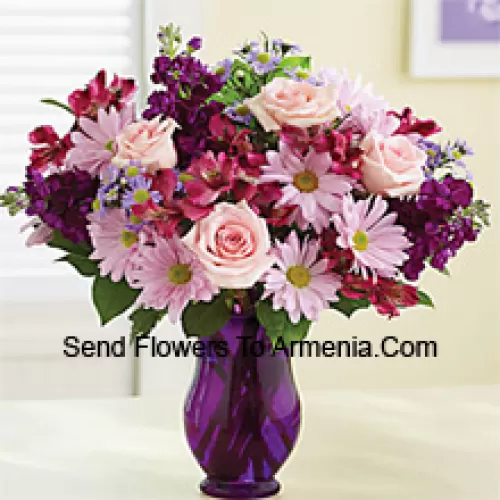 Pink Roses, Pink Gerberas And Other Assorted Flowers Arranged Beautifully In A Glass Vase -- 25 Stems And Fillers