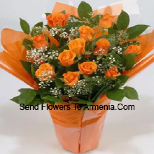 A Beautiful Arrangement Of 19 Orange Roses With Seasonal Fillers