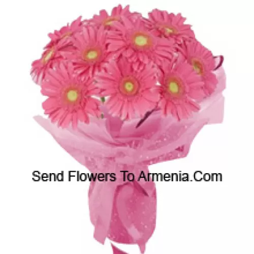 A Beautiful Hand Bunch Of 11 Pink Gerberas With Seasonal Fillers