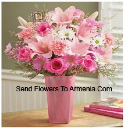 Pink Roses, Pink Carnations, Pink Gerberas, White Gerberas And Pink Lilies With Seasonal Fillers In A Glass Vase