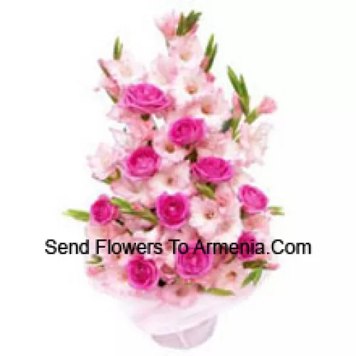 Basket Of Pink Roses And Gladiolus