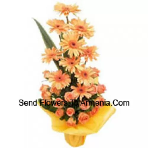 Basket Of Orange Gerberas and Orange Roses