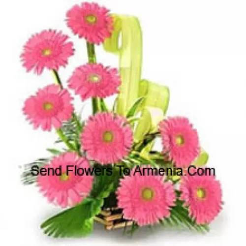 Basket Of 9 Pink Colored Gerberas With Fillers