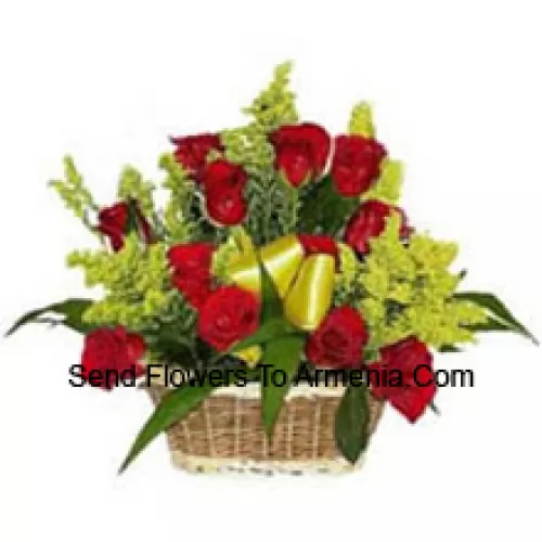 Basket Of 19 Red Roses With Seasonal Fillers