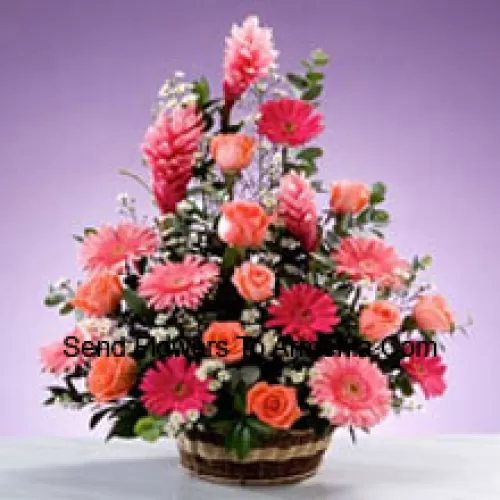 Basket Of Assorted Flowers Including Gerberas, Roses and Seasonal Fillers