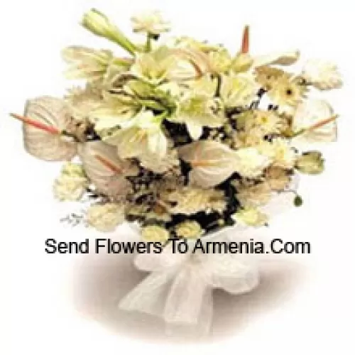 Bunch Of White Lilies, White Anthuriums, White Carnations And White Roses With Seasonal Fillers