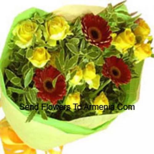 Bunch Of 10 Yellow Roses And 3 Red Colored Gerberas