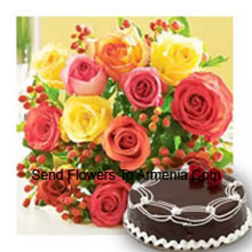 Bunch Of 11 Mixed Colored Roses With Seasonal Fillers and 1/2 Kg (1.1 Lbs) Chocolate Truffle Cake