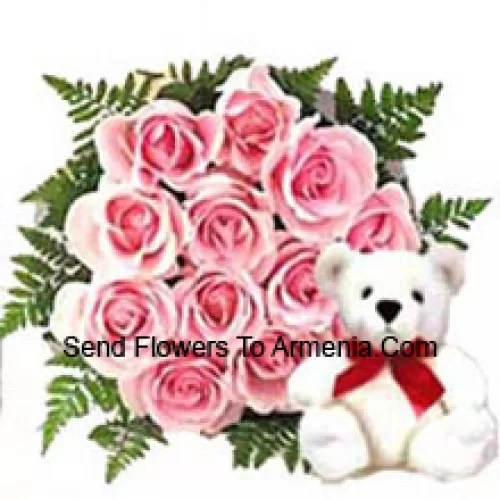 Bunch Of 11 Pink Roses With A Cute Teddy Bear