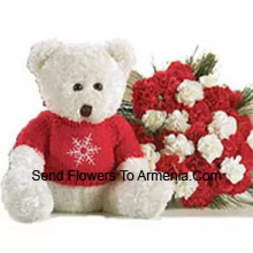 Bunch Of 25 Red And White Carnations With A Medium Sized Cute Teddy Bear