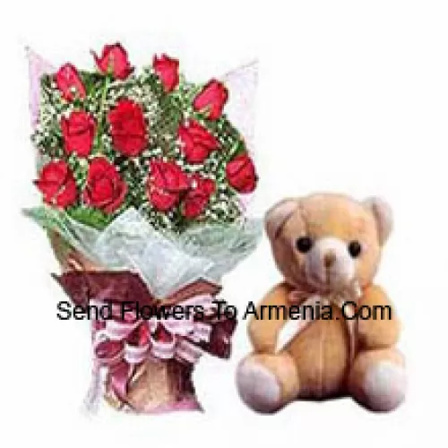 Bunch Of 11 Red Roses With Fillers And A Small Cute Teddy Bear