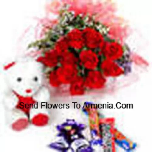 Bunch Of 11 Red Roses With Assorted Chocolate And A Cute Teddy Bear