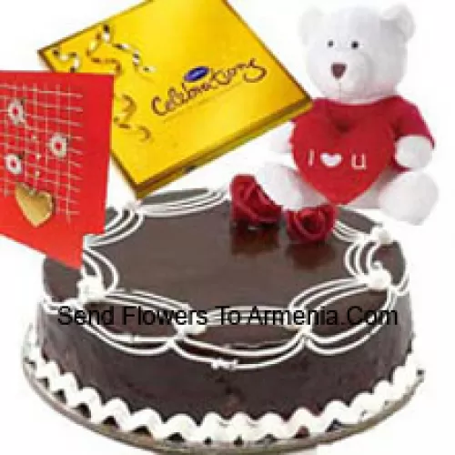 1 Kg Truffle Cake, A Box Of Cadbury's Celebration Pack, I Love You Teddy Bear And A Free Greeting Card