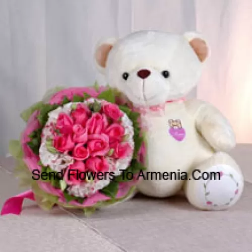 Bunch Of 11 Pink Roses And A Medium Sized Cute Teddy Bear