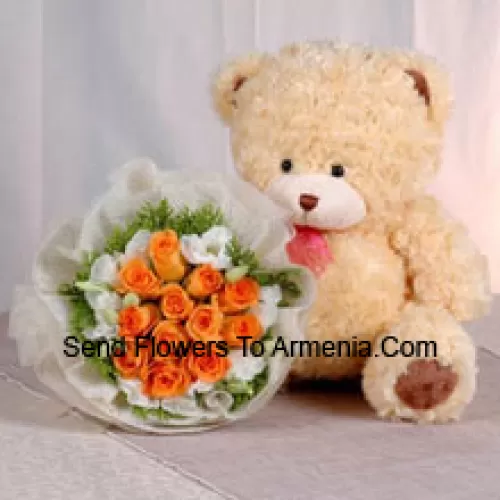 Bunch Of 11 Orange Roses And A Medium Sized Cute Teddy Bear