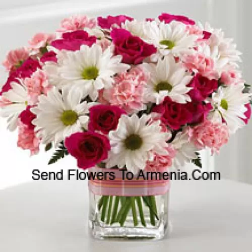 11 Red Roses, 11 White Daisies And 11 Pink Colored Carnations In A Glass Vase