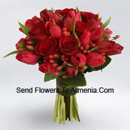 Bunch Of Red Roses And Red Tulips With Red Seasonal Fillers.