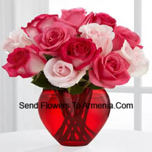 8 Dark Pink Roses With 5 Light Pink Roses In A Glass Vase