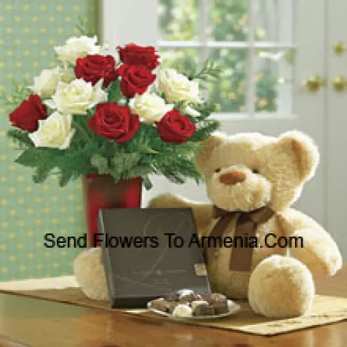 7 Red And 6 White Roses With Some Ferns In A Vase, A Cute Light Brown 10 Inches Teddy Bear And A Box Of Chocolates