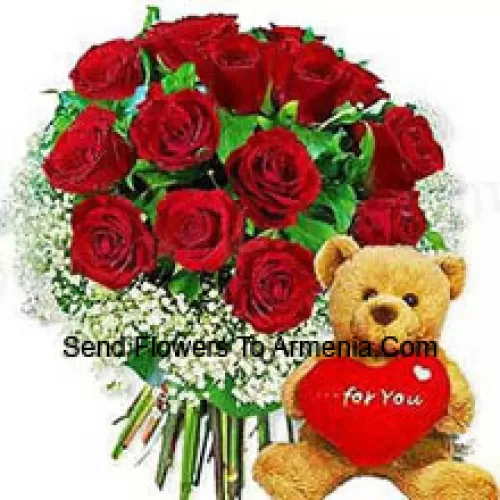 Bunch Of 11 Red Roses With Seasonal Fillers And A Cute Brown 8 Inches Teddy Bear