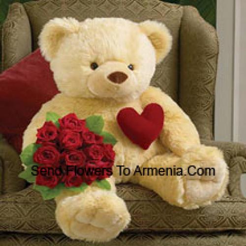 11 Red Roses with Cuddly 32 Inches Teddy