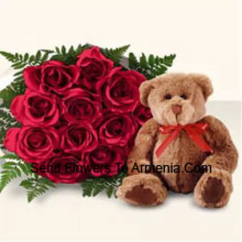 Bunch Of 11 Red Roses With A Cute Brown 8 Inches Teddy Bear