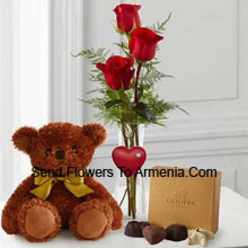 3 Red Roses with Teddy and Chocolates