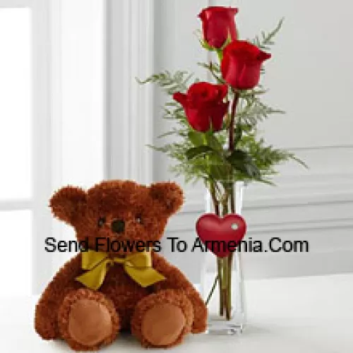 Three Red Roses In A Red Test Tube Vase And A Cute Brown 10 Inches Teddy Bear (We Reserve The Right To Substitute The Vase In Case Of Non-Availability. Limited Stock)