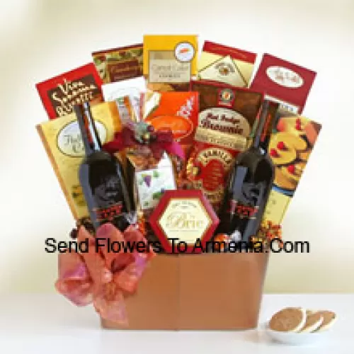 This Gift Basket has a bottle of Cabernet Sauvignon (Red Wine), a bottle of Merlot (Red Wine) , biscotti, Lindt truffles, gourmet snack mix, Sonoma cheese straws, cheese, flatbread crisps, cranberry harvest medley, carrot cake cookies, toasted almonds, a hot fudge brownie, vanilla caramels, gourmet popcorn and French vanilla wafer cookies. (Contents of basket including wine may vary by season and delivery location. In case of unavailability of a certain product we will substitute the same with a product of equal or higher value)