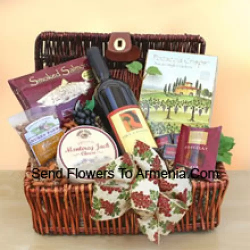 This Gift basket includes a hearty red  wine along with tasty smoked salmon, creamy cheese, focaccia crisps, almonds, and chocolate squares. (Contents of basket including wine may vary by season and delivery location. In case of unavailability of a certain product we will substitute the same with a product of equal or higher value)