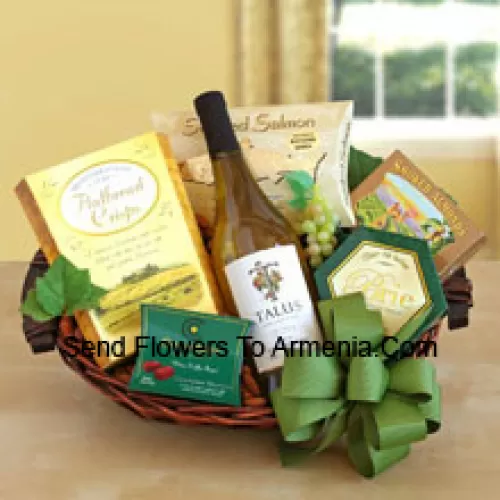 This Gift Basket includes A mouthwatering California white wine paired with a smorgasbord of gourmet snacks. Gourmet snacks include: flatbread crisps, smoked salmon, cheese, smoked almonds and chocolate truffles. (Contents of basket including wine may vary by season and delivery location. In case of unavailability of a certain product we will substitute the same with a product of equal or higher value)