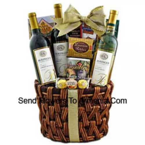 This Gift Basket includes Beringer California Collection Cabernet Sauvignon Red Wine, Beringer California Collection Merlot Red Wine, Beringer California Collection Pinot Grigio White Wine, Ghirardelli chocolate, Ferrero Rocher fine hazelnut chocolates, Napa Valley honey mustard sourdough nuggets, Cashew Roca buttercrunch toffee with chocolate and cashews, Rademaker raspberry chocolate sticks, JM Morgans licorice petites And Fancy mixed nuts in a gift tin. (Contents of basket including wine may vary by season and delivery location. In case of unavailability of a certain product we will substitute the same with a product of equal or higher value)