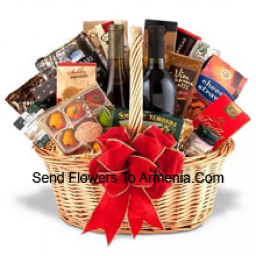 This Gift Basket includes two well-regarded red wines, Specialty crackers, Delicious cheese, savory dips, Smoked seafood, Cookies, Candies and Gourmet coffees or fine teas. (Contents of basket including wine may vary by season and delivery location. In case of unavailability of a certain product we will substitute the same with a product of equal or higher value)