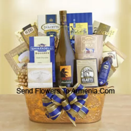 This Gift Basket features a bottle of Oaky Chardonnay  and the generous list of gourmet goodies includes: Dolcetto cookies, Ghirardelli chocolate squares, Three Pepper water crackers, Biscoff cookies, English tea cookies, Cashew Roca, chocolate chip cookies, cheese, cheese sticks, salami and chocolate fudge. (Contents of basket including wine may vary by season and delivery location. In case of unavailability of a certain product we will substitute the same with a product of equal or higher value)