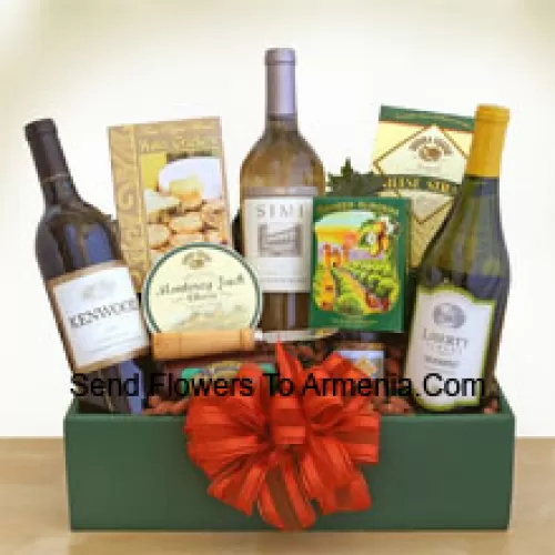 This Gift Basket tied with a beautiful bow holds Cabernet Sauvignon, Chardonnay and a delicious Sauvignon Blanc. Accompanying gourmet snacks include Monterey Jack cheese, Three Pepper water crackers, smoked almonds, a cheese spreader, Sonoma cheese straws, salami and a mini Napa Valley mustard. (Contents of basket including wine may vary by season and delivery location. In case of unavailability of a certain product we will substitute the same with a product of equal or higher value)