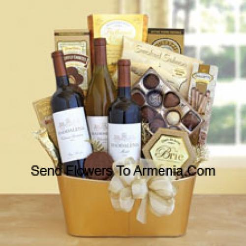 Basket Containing 3 Wines and Snacks